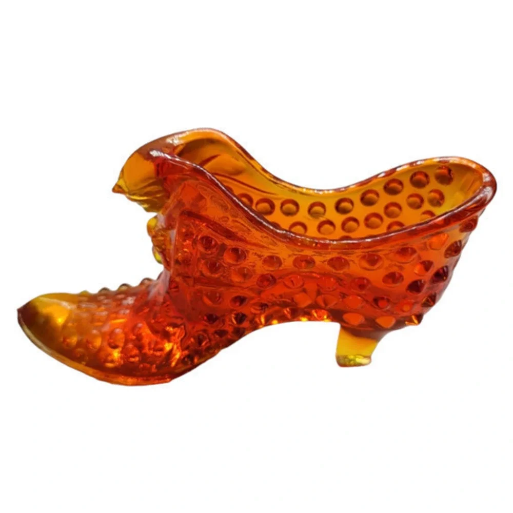 Fenton Amberina Red Orange Cat‎ Hobnail Vintage Glass Boot Shoe Figurine